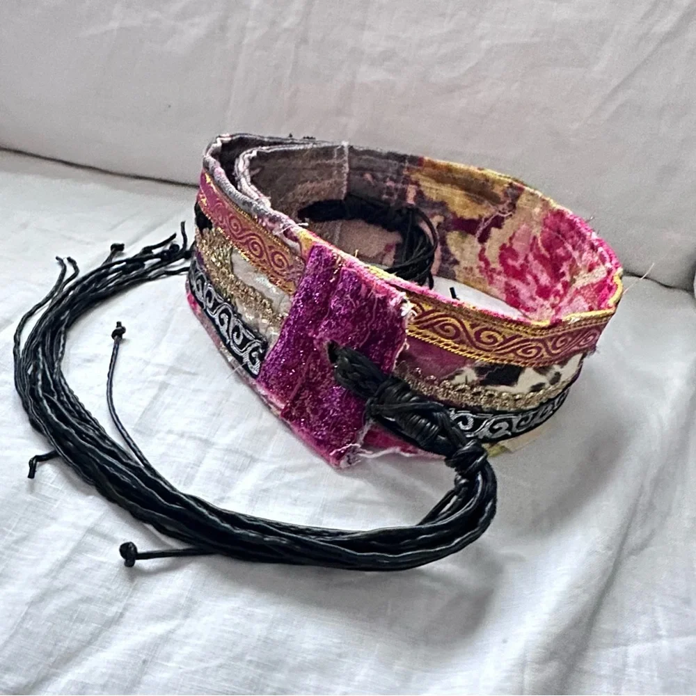 Artisan Floral Tapestry Tie Belt Pink and Black & Gold Accents Handmade Signed